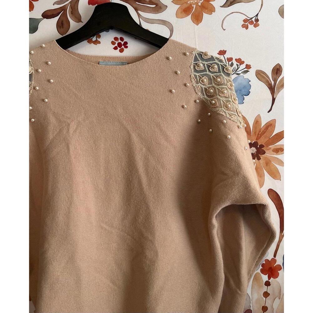 Liv Milano S Tan Rib Sweater Faux Pearl Heart Accent Sheer Shoulder Preppy City